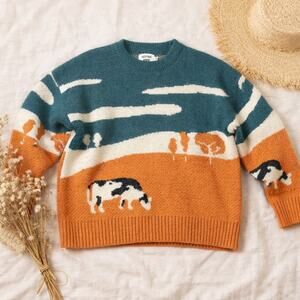 Aelfric Eden Cow Landscape Knit Sweater Small Cottagecore Farm Crewneck Pullover